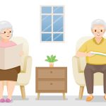 Illustration: Seniorenpaar sitzt im Wohnzimmer und liest Zeitung | Wohnen im Alter